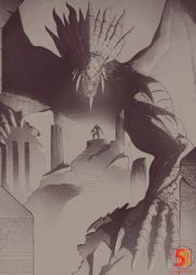  1other brown_theme demon&#039;s_souls dragon_god_(demon&#039;s_souls) giant giant_monster highres holding holding_shield holding_sword holding_weapon max58art monochrome monster ruins shield slayer_of_demons stairs sword weapon 