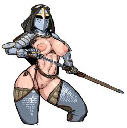  1girl armor breasts chainmail chausses cleft_of_venus collar counter covered_face cowboy_shot cross dagger exhibitionism female_knight female_pubic_hair functionally_nude gauntlets helm helmet holding holding_sword holding_weapon inverted_nipples knife knight large_breasts leather_belt naked_armor navel nisetanaka nude original pubic_hair public_indecency puffy_nipples pussy rerebrace reverse_bikini_armor reverse_outfit scabbard shaped_pubic_hair sheath solo standing sword thighhighs unsheathing vambraces weapon white_background 