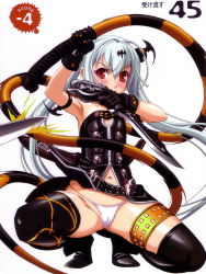 00s 1girl albino alice_(queen&#039;s_gate) gun highres nishii_(damnedrive) nitroplus panties queen&#039;s_blade queen&#039;s_gate red_eyes solo squatting thighhighs underwear weapon whip white_hair rating:Questionable score:37 user:danbooru
