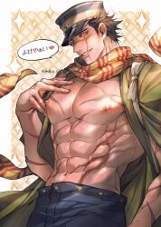  1boy abs absurdres bara bare_pectorals blush brown_hair bulge coat come_hither cowboy_shot facial_hair facial_scar golden_kamuy hat heart highres kepi large_pectorals looking_at_viewer male_focus military_hat mtkg_05 muscular muscular_male navel nipples open_clothes open_coat pectorals presenting_pectorals scar scar_on_cheek scar_on_face scarf short_hair shredded_muscles sideburns_stubble smoking solo spoken_heart standing star_(symbol) starry_background stomach stubble sugimoto_saichi thick_eyebrows translation_request tsurime v-taper veins veiny_arms yellow_scarf 