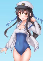  1girl alternate_costume anti_(untea9) black_hair blue_background blue_headband blue_one-piece_swimsuit blush breasts cleavage collarbone covered_navel cowboy_shot gradient_background hat hatsushimo_(kancolle) hatsushimo_kai_ni_(kancolle) headband high_school_fleet highres jacket kantai_collection long_hair long_sleeves looking_at_viewer low-tied_long_hair multicolored_clothes multicolored_swimsuit new_school_swimsuit one-piece_swimsuit open_mouth peaked_cap red_eyes school_swimsuit small_breasts smile solo swimsuit two-tone_swimsuit white_jacket white_one-piece_swimsuit yokosuka_girls_marine_high_school_swimsuit 