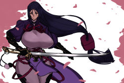  1girl alecto_0 arm_guards armor black_gloves bodysuit breasts cherry_blossoms commentary curvy english_commentary falling_petals fate/grand_order fate_(series) fingerless_gloves gloves highres holding holding_sword holding_weapon huge_breasts japanese_armor katana loincloth long_hair low-tied_long_hair minamoto_no_raikou_(fate) narrow_waist parted_bangs petals purple_bodysuit purple_eyes purple_hair ribbed_sleeves rope standing sword tabard thighs very_long_hair weapon wide_hips  rating:Sensitive score:73 user:danbooru