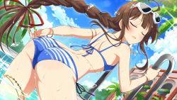  1girl adjusting_clothes adjusting_swimsuit animated ass bikini blue_bikini bouncing_ass bracelet braid braided_ponytail breasts brown_hair butt_crack clothes_pull from_behind heterochromia highres jewelry jiggle nail_polish necklace one-piece_swimsuit_pull palm_tree panties panty_pull pool ryoubi_(senran_kagura) senran_kagura senran_kagura_new_link sexually_suggestive small_breasts solo striped_bikini striped_clothes sunglasses_on_head swimsuit tree underwear video wedgie  rating:Questionable score:116 user:FunkX