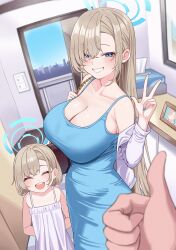  1boy 2girls :d ^_^ asuna_(blue_archive) bag blonde_hair blue_archive blue_dress blue_eyes blue_halo blue_nails blush breasts child cleavage closed_eyes doorway dress family grin halo handbag holding holding_bag if_they_mated large_breasts long_hair mole mole_on_breast multiple_girls o-los open_mouth pov pov_hands short_hair smile taut_clothes taut_dress thumbs_up tissue_box very_long_hair w white_dress 