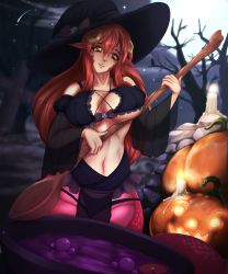  1girl absurdres breasts cleavage dark_sky hat highres lamia long_hair miia_(monster_musume) monster_girl monster_musume_no_iru_nichijou moon moonlight pointy_ears red_hair scales skull smile teta underwear witch_hat yellow_eyes  rating:Questionable score:21 user:Tiphiri