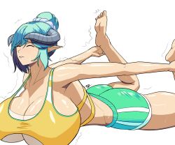  1girl absurdres action_taimanin blue_hair breasts highres horns huge_breasts lapis_(action_taimanin) pointy_ears tagme taimanin_(series) white_background yoga zay_t 