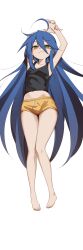  1girl :3 absurdres ahoge armpits arms_up bare_shoulders barefoot black_shirt blue_hair bright_pupils closed_mouth collarbone commission commissioner_upload dakimakura_(medium) dot_nose flat_chest full_body green_eyes groin hair_between_eyes highres holding_own_arm izumi_konata long_hair looking_at_viewer lucky_star lying midriff_peek mole mole_under_eye navel non-web_source on_back on_bed once_11h shirt short_shorts shorts sidelocks simple_background sleeveless sleeveless_shirt solo straight_hair transparent_background very_long_hair white_pupils yellow_shorts 