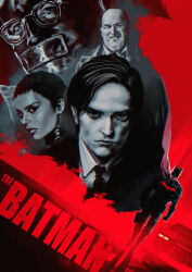  1girl 3boys batman batman_(series) black_bodysuit black_cape black_hair bodysuit bruce_wayne cape car catwoman closed_mouth commentary_request dc_comics glasses looking_at_viewer mask mixed-language_commentary motor_vehicle movie_poster multiple_boys multiple_views robert_pattinson selina_kyle short_hair tdsuke the_batman_(2022) the_riddler tomboy very_short_hair 