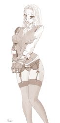  1girl absurdres angry artist_name ashe_(overwatch) black_panties blush bound breasts cameltoe cleft_of_venus clenched_teeth denim female_focus garter_belt hair_over_one_eye hat highleg highres hip_focus holster huge_filesize large_breasts lingerie long_hair looking_at_viewer monochrome necktie overwatch overwatch_1 panties picantium shorts simple_background tattoo teeth thigh_holster thighhighs thighs tied_up underwear white_background  rating:Questionable score:14 user:picantium