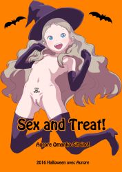 1girl 2016 aurore bat_(animal) blonde_hair blue_eyes boots character_name costume fangs flat_chest gloves halloween hat highres kneeling loli long_hair looking_at_viewer nipples nude open_mouth pumpkin pussy simple_background small_areolae small_nipples smile solo takatou_sora tampon_string thighhighs vampire very_long_hair witch_hat rating:Explicit score:89 user:fussy_goose
