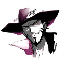  1boy artist_name beard black_hair closed_mouth commentary commentary_request dracule_mihawk english_commentary facial_hair hat hat_feather hereynd highres male_focus mixed-language_commentary mustache one_piece short_hair sideburns solo thai_commentary twitter_username yellow_eyes 