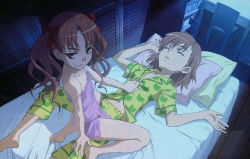 00s 2girls :3 absurdres bare_shoulders barefoot bed bow brown_eyes brown_hair chemise closed_eyes detexted flat_chest from_above girl_on_top grin hair_bow hataike_hiroyuki highres lingerie long_hair looking_back lying midriff misaka_mikoto moonlight multiple_girls naughty_face navel night no_bra official_art on_back pajamas panties perspective pillow ribbon saliva see-through shirai_kuroko short_hair sleeping smile strap_slip third-party_edit toaru_kagaku_no_railgun toaru_majutsu_no_index twintails unbuttoned underwear undressing you_gonna_get_raped yuri rating:Questionable score:39 user:danbooru