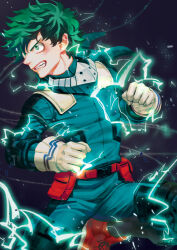  1boy belt black_background boku_no_hero_academia clenched_teeth electricity fighting_stance foot_out_of_frame formal freckles gloves green_hair green_suit long_sleeves male_focus midoriya_izuku red_belt red_footwear shed1228 short_hair solo suit teeth v-shaped_eyebrows white_gloves 