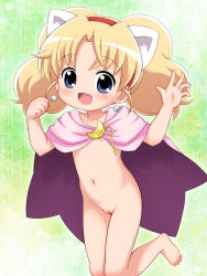 1girl :d animal_ears barefoot bell blonde_hair blue_eyes blush cape cat_ears cleft_of_venus earrings fake_animal_ears fang feet female_focus flat_chest hair_ornament hairband happy highres jewelpet_(series) jewelpet_twinkle jewelry lasto loli long_hair looking_at_viewer miria_marigold_mackenzie naked_cape navel nipples nude open_mouth paw_pose pussy smile solo toes twintails uncensored waving rating:Explicit score:122 user:sytalidis