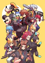  3girls 6+boys aqua_(kingdom_hearts) axel_(kingdom_hearts) bare_shoulders belt belt_buckle bird black_belt black_bodysuit black_footwear black_gloves black_hair black_jacket black_robe black_shirt black_wristband blonde_hair blue_hair blue_hat bob_cut bodysuit breasts brown_hair buckle chain chain_necklace closed_mouth commentary cropped_jacket detached_sleeves dog donald_duck dress duck english_commentary facial_mark fingerless_gloves food gloves goofy grey_hair grin hair_slicked_back halterneck hat highres holding holding_food holding_ice_cream holding_weapon hooded_dress ice_cream ice_cream_bar jacket jewelry kairi_(kingdom_hearts) keyblade kingdom_hearts kingdom_hearts_iii long_sleeves medium_breasts medium_hair mickey_mouse multiple_boys multiple_girls necklace open_mouth orange_hat over_shoulder parted_bangs pink_dress red_hair riku_(kingdom_hearts) robe roxas shirt short_hair short_sleeves sideburns sleeveless sleeveless_dress smile sora_(kingdom_hearts) spiked_hair teeth terra_(kingdom_hearts) timtam v ventus_(kingdom_hearts) weapon weapon_over_shoulder white_jacket xion_(kingdom_hearts) 