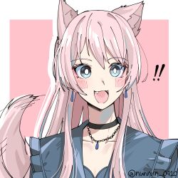  ! !! 1girl animal_ears bang_dream! bang_dream!_it&#039;s_mygo!!!!! black_choker blue_jacket blush border breasts chihaya_anon choker cleavage collarbone commentary_request dog_ears dog_girl dog_tail drop_shadow earrings fang frilled_jacket frills grey_eyes highres jacket jewelry kemonomimi_mode long_hair looking_at_viewer nanami_(nunnun_0410) necklace open_mouth outside_border pink_background pink_hair smile solo tail twitter_username upper_body white_border 