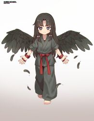  1girl barefoot belt black_eyes black_feathers black_hair black_wings closed_mouth dougi facing_viewer feathered_wings feathers feet highres karate kuma-bound long_hair original red_belt simple_background solo toes white_background wings  rating:General score:9 user:danbooru