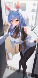  1girl absurdres animal_ear_fluff animal_ears apron black_bodysuit blue_hair blush bodystocking bodysuit braid braided_ponytail breasts carrot clock curvy doorway hair_over_shoulder highres holding holding_ladle hololive huge_breasts indoors ladle leaning_forward light_particles light_smile looking_at_viewer mature_female pekomama plant potted_plant rabbit_ears rabbit_girl rabbit_tail red_eyes short_eyebrows sibo slippers solo tail thick_eyebrows tile_floor tiles virtual_youtuber white_apron  rating:Sensitive score:22 user:danbooru