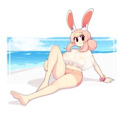  1girl absurdres animal_ears bare_legs barefoot beach bracelet commentary feet fiz_(fizintine) fizintine hair_bun hand_on_own_leg highres jewelry knee_up looking_at_viewer navel nipples no_bra no_pupils orange_shorts original pink_hair rabbit_ears rabbit_girl see-through see-through_shirt short_shorts shorts sitting smile soles solo swept_bangs symbol-only_commentary toes 