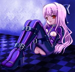  1girl against_wall anus bdsm bodysuit bondage bound breastless_clothes breasts checkered_floor chimotabo_no_mago choker collar eyebrows female_focus gimpsuit hair_ribbon high_heels loli long_hair naughty_face nipple_piercing nipples piercing pink_hair pussy red_eyes ribbon smile solo  rating:Explicit score:97 user:omar-007
