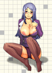  blush breasts glasses huge_breasts long_hair open_clothes open_shirt panties purple_hair red_eyes shirt tagaura_saki thighhighs underwear  rating:Questionable score:9 user:tsuvame
