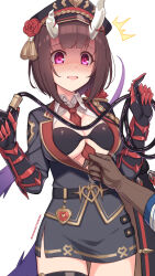  1girl alternate_costume belt between_breasts blush breasts brown_hair commentary_request eriko_(princess_connect!) gauntlets hair_between_eyes horns kouzuki_tsubasa_(musou_kaidou) looking_at_viewer medium_breasts open_mouth pov pov_hands princess_connect! simple_background solo_focus sweat tail uniform whip white_background 