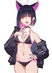  1girl absurdres animal_ears bikini black_bikini black_jacket black_nails blue_archive breasts breasts_apart choker colored_inner_hair cowboy_shot extra_ears fangs hair_ornament hairclip halo halterneck hand_on_own_chest hand_on_own_hip highres jacket kazusa_(blue_archive) looking_at_viewer lucadark_art medium_breasts multicolored_hair navel off_shoulder open_clothes open_jacket open_mouth red_eyes short_hair side-tie_bikini_bottom simple_background single_bare_shoulder solo string_bikini swimsuit teeth thigh_gap white_background  rating:Sensitive score:36 user:danbooru