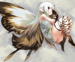  1girl aerie_(bravely_default) ass bravely_default:_flying_fairy bravely_default_(series) brown_eyes brown_hair butterfly_wings cleft_of_venus dress fairy insect_wings long_hair no_panties pointy_ears pussy short_dress solo tsudero uncensored wings  rating:Explicit score:139 user:danbooru