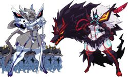  2girls 6+others absurdres breasts cleavage cosplay crossover cyberlord1109 furry furry_female grey_fur grey_hair highres junketsu kill_la_kill kindred_(league_of_legends) kiryuuin_satsuki kiryuuin_satsuki_(cosplay) lamb_(league_of_legends) large_breasts league_of_legends living_clothes mask matoi_ryuuko matoi_ryuuko_(cosplay) microskirt multiple_crossover multiple_girls multiple_others pseudoregalia revealing_clothes scissor_blade_(kill_la_kill) senketsu skirt suspenders sybil_(pseudoregalia) tail thick_thighs thighhighs thighs trait_connection underboob white_fur white_hair wide_hips wolf wolf_(league_of_legends) 