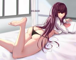  1girl ass barefoot bed breasts butt_crack fate/grand_order fate_(series) feet highres large_breasts long_hair looking_at_viewer lying on_stomach panties parted_lips pillow red_eyes scathach_(fate) soles solo toes underboob underwear  rating:Questionable score:40 user:ssfl