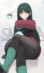  1girl azz0422 blush boots breasts brown_eyes creatures_(company) crossed_legs dress floating game_freak green_hair large_breasts levitation long_hair nintendo pants poke_ball pokemon pokemon_lgpe sabrina_(pokemon) sitting thick_thighs thighs  rating:Questionable score:24 user:CovArd