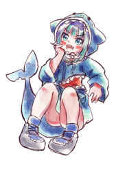  1girl animal_costume blue_eyes blue_hair fins fish_tail gawr_gura hoddie hololive hololive_english hood looking_at_viewer open_mouth shark shark_costume shark_tail sharp_teeth solo tail virtual_youtuber  rating:Sensitive score:2 user:inakamono
