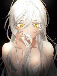  1girl alternate_hairstyle black_background camisole collarbone covered_mouth fingernails gradient_hair grey_hair hair_between_eyes highres holding holding_hair idolmaster idolmaster_shiny_colors long_hair multicolored_hair paddy_field shirase_sakuya simple_background solo strap_slip upper_body very_long_hair white_camisole white_hair yellow_eyes 