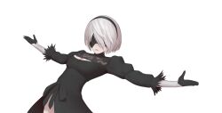  1girl 2b_(nier:automata) bad_bcy_id bad_id black_blindfold black_gloves black_hairband blindfold breasts cleavage cleavage_cutout closed_mouth clothing_cutout facing_viewer gloves hair_over_one_eye hairband highres maredoro medium_breasts mole mole_under_mouth nier:automata nier_(series) outstretched_arms puffy_sleeves red_lips short_hair simple_background solo transparent_background upper_body white_background white_hair 
