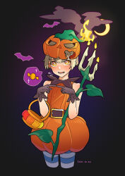  1boy bat_(animal) belt black_background black_gloves blonde_hair blue_thighhighs blush candy crossdressing fire food gloves halloween_costume highres looking_at_viewer male_focus moon mubo open_mouth original pumpkin_costume pumpkin_hat school_uniform serafuku sleeveless smile smoke solo speech_bubble striped_clothes striped_thighhighs sweatdrop thighhighs touch trap trick_or_treat white_thighhighs yellow_eyes 