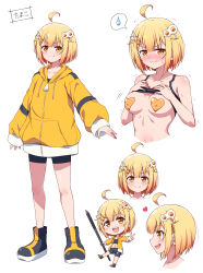  1girl :d absurdres ahoge black_footwear blonde_hair boots breasts chibi closed_mouth commentary_request covered_erect_nipples egg_hair_ornament eggman_(pixiv28975023) food-themed_hair_ornament fork_hair_ornament full_body hair_ornament heart_pasties highres hood hoodie jacket knife_hair_ornament long_sleeves looking_at_viewer medium_breasts multiple_views open_mouth original pasties sharp_teeth short_hair simple_background smile tamako_(eggman) teeth upper_teeth_only white_background yellow_eyes yellow_jacket 