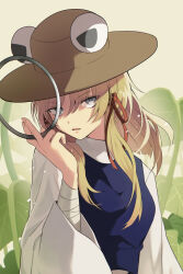  1girl absurdres arm_at_side blonde_hair blunt_ends bright_pupils brown_hat commentary day english_commentary eyes_visible_through_hair fighting_stance fingernails green_background grey_eyes hair_between_eyes hair_ribbon hand_up hat head_tilt highres holding holding_jewelry holding_ring holding_weapon jewelry leaf long_hair long_sleeves looking_at_viewer moriya&#039;s_iron_rings moriya_suwako open_mouth outdoors purple_vest red_ribbon ribbon ring serious shaded_face shirt sidelocks simple_background solo straight_hair touhou tress_ribbon tsurime upper_body v-shaped_eyebrows vest weapon white_pupils white_shirt wide_sleeves xantam0129 