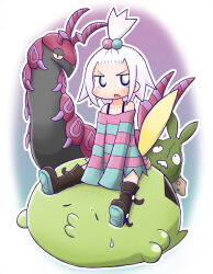  1girl bangs_pinned_back black_footwear blue_eyes boots chibi collarbone commentary_request creatures_(company) forehead game_freak gen_3_pokemon gen_5_pokemon gulpin hair_bobbles hair_ornament knee_boots long_sleeves looking_at_viewer naga_u nintendo off-shoulder_shirt off_shoulder open_mouth pokemon pokemon_bw2 roxie_(pokemon) scolipede shirt shoe_soles sitting sleeves_past_fingers sleeves_past_wrists striped_clothes striped_shirt sweatdrop trubbish v-shaped_eyebrows white_hair 