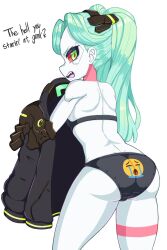  1girl annoyed ass ass_focus back black_bra black_jacket black_panties bra colored_sclera colored_skin cyberpunk_(series) cyberpunk_edgerunners emoji english_text eyebrows eyelashes fang feet_out_of_frame female_focus from_behind green_eyes green_hair grey_skin highres jacket jacket_partially_removed loli long_hair looking_at_viewer looking_back matching_hair/eyes open_mouth panties print_panties profile rebecca_(cyberpunk) red_sclera simple_background solo teeth tongue twintails underwear uohhhhhhhhh!_(meme) upper_teeth_only white_background young_savage 