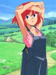  1girl arms_up blue_eyes official_art outdoors overalls pants pastel_(twinbee) pink_hair smile twinbee  rating:General score:9 user:anon999ase4