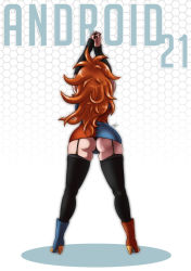  1girl android_21 arm_warmers arms_up ass black_nails black_panties black_thighhighs boots brown_hair character_name detached_sleeves dragon_ball dragon_ball_fighterz dress from_behind garter_straps high_heel_boots high_heels highres hip_focus huge_ass long_hair multicolored_boots multicolored_clothes multicolored_dress n7vega nail_polish panties solo thighhighs thighs underwear  rating:Questionable score:53 user:hentai-in-the-streets