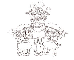  ascot back_bow bat_wings bow bowtie braid breasts brooch closed_eyes closed_mouth collared_shirt flandre_scarlet full_body hat hat_bow hat_ribbon holding holding_hands holding_polearm holding_weapon jewelry kirisame_marisa laevatein_(touhou) large_bow lineart looking_at_another mary_janes medium_breasts medium_hair mob_cap nohashi_(travel_frontier) open_mouth pigeon-toed pointy_ears polearm puffy_short_sleeves puffy_sleeves remilia_scarlet ribbon shirt shoes short_sleeves single_braid skirt small_breasts socks standing sweatdrop touhou vest weapon wings witch_hat wrist_cuffs 