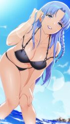  1girl artist_request beach blue_eyes blue_hair blue_sky braid breasts fate/stay_night fate_(series) highres lipstick long_hair looking_at_viewer makeup medea_(fate) navel ocean parted_lips sky solo swimsuit tagme tochi_keisuke water 