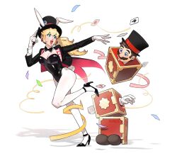  1boy 1girl blonde_hair bow bowtie breasts brown_hair cape card cleavage earrings facial_hair gloves grin hat high_heels jacket jewelry legs lipstick long_hair looking_at_another magician makeup mario mario_(series) mustache nintendo open_mouth pantyhose playing_card princess_peach rabbit_ears rabbit_tail smile ssuregigame top_hat wand  rating:Sensitive score:2 user:Mr._Jive