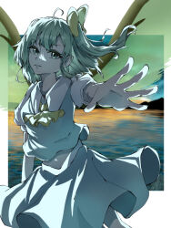  1girl ahoge ascot backlighting blue_skirt blue_vest border bow breasts collared_shirt colored_eyelashes cowboy_shot daiyousei fairy fairy_wings foreshortening forest green_eyes green_hair hair_bow head_tilt looking_at_viewer medium_breasts mibag midriff_peek misty_lake nature navel outdoors outstretched_arm parted_lips shirt side_ponytail skirt solo touhou transparent_wings vest white_border white_shirt wing_collar wings yellow_ascot yellow_bow 