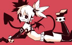  1girl akableak boots demon_girl demon_tail demon_wings disgaea earrings elbow_gloves etna_(disgaea) flat_chest gloves grin jewelry knee_boots looking_at_viewer lying microskirt mini_wings monochrome on_stomach pointy_ears red_background simple_background skirt skull_earrings smile solo tail twintails wings  rating:Sensitive score:23 user:danbooru