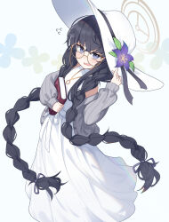  1girl black_hair blue_archive braid dress glasses highres long_hair long_sleeves open_mouth simple_background solo teallysky twin_braids ui_(blue_archive) very_long_hair white_background white_dress 