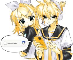  1boy 1girl absurdres bare_shoulders blonde_hair blue_eyes bow_hairband captcha cellphone closed_mouth detached_sleeves english_text fingernails hair_between_eyes hair_ornament hairband hairclip hand_up hands_up headphones highres holding holding_phone hynn0x_x kagamine_len kagamine_rin long_sleeves looking_at_phone looking_down microphone nail_polish neckerchief necktie phone puffy_short_sleeves puffy_sleeves ribbon sailor_collar shirt short_hair short_sleeves simple_background sleeveless sleeveless_shirt smartphone speech_bubble standing sweatdrop teeth topknot vocaloid white_background white_hairband white_ribbon white_shirt wide_sleeves yellow_nails yellow_neckerchief yellow_necktie 