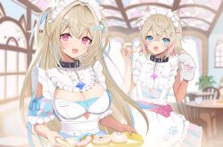  2girls alternate_costume animal_ear_fluff animal_ears animal_hands apron bare_shoulders blonde_hair blue_eyes blue_hair blue_nails blurry blurry_background breasts cafe character_name cleavage cleavage_cutout clothing_cutout dog_ears dog_girl doughnut fang food fuwawa_abyssgard gloves hayaneruti highres holding holding_food holding_tray hololive hololive_english large_breasts long_hair looking_at_viewer maid maid_headdress mococo_abyssgard multicolored_hair multiple_girls name_tag paw_gloves pink_eyes pink_hair pink_nails short_hair shoulder_cutout siblings single_glove sisters skin_fang sleeveless streaked_hair table tray twins upper_body virtual_youtuber 