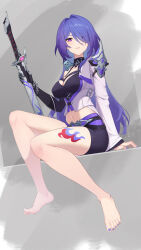  1girl acheron_(honkai:_star_rail) bare_legs barefoot black_shorts breasts cleavage commentary_request crop_top cropped_jacket feet gangjin hair_intakes hair_over_one_eye highres holding holding_sword holding_weapon honkai:_star_rail honkai_(series) jacket katana leg_tattoo legs long_hair long_sleeves looking_at_viewer medium_breasts midriff nail_polish navel parted_lips purple_eyes purple_hair scabbard sheath sheathed short_shorts shorts single_bare_shoulder sitting solo sword tattoo thighs toenail_polish toenails toes very_long_hair weapon white_jacket 